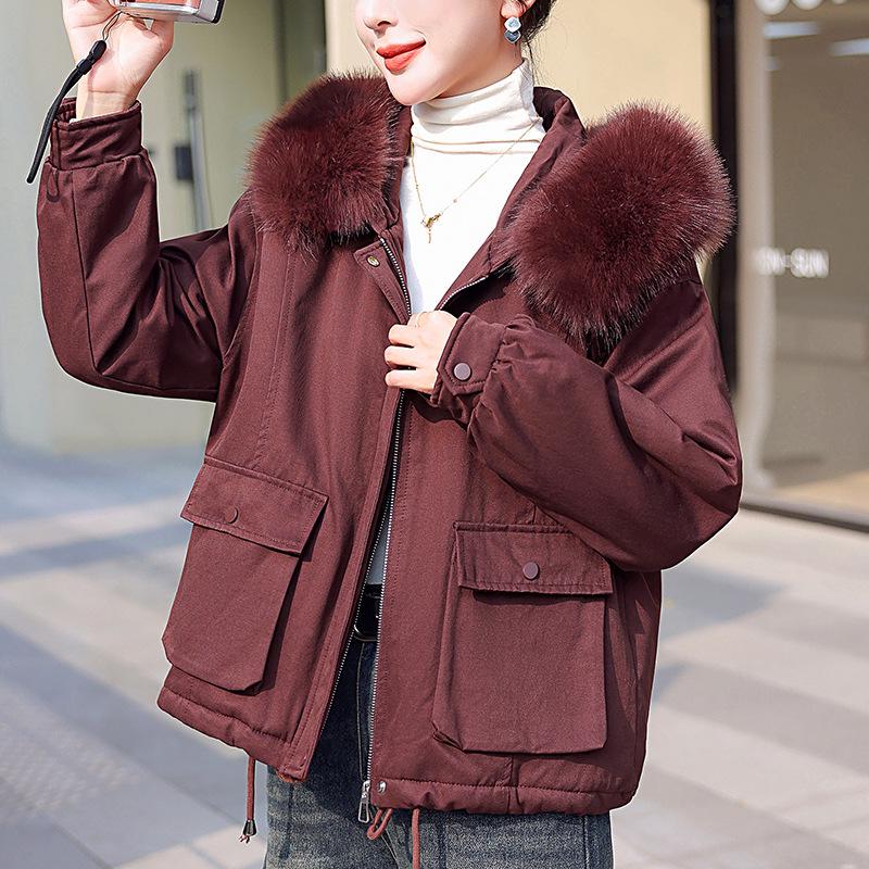 

Women s 2024 Winter Collection: Short Fleece-Lined Cotton Parka with Fur Collar—Stylish and Casual. L (115-130 lbs)