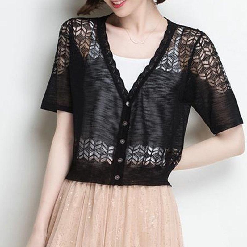 Ice Silk Knitted Cardigan with Short-sleeved Summer Wear Women's New Thin Hollow White Shawl Sunscreen