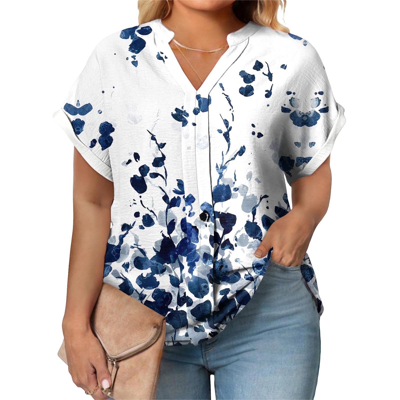 Women s Large Size T-Shirt Casual Print V-Neck Short Sleeve Raglan Sleeve Top L