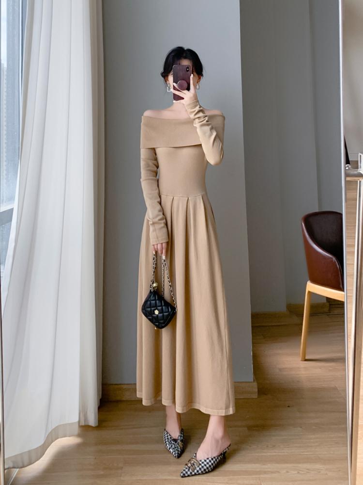 Sexy Off Shoulder One Piece Dress Women's New Solid Elegant Slim Knitted Long Dresses Korea Chic Designer Casual Party Clothing