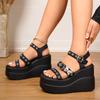 Fashion Women Sandals Black Punk Gothic Platform Sandals Open Toe Buckle Summer High Heels Shoes Sexy Rivets Thick Heels Shoes for Women