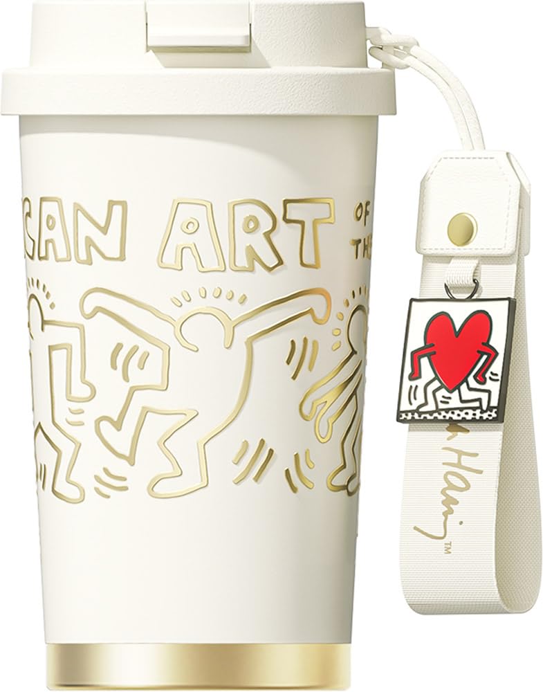 GERM X Keith Haring Coffee Tumbler 390ml Vacuum Insulated Mug Made of 316 Stainless with Lid and Keeps Warm and Dishwasher Great Gift Steel,