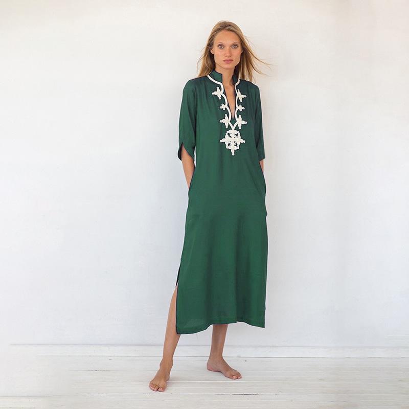 European & American Rayon Stand-Up Collar Embroidered Long Beach Robe for Women