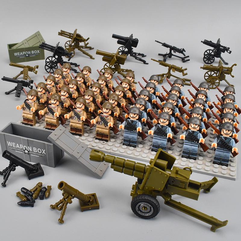 40pcs WW2 Military Figures Building Blocks Army Soldier Battlefield Machine Gun Weapons Bricks Kids Toy