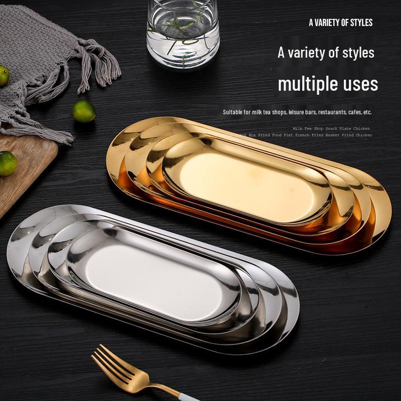 Gold Stainless Steel Oval Tray for Jewelry, Desserts, Barbecue, and Towels