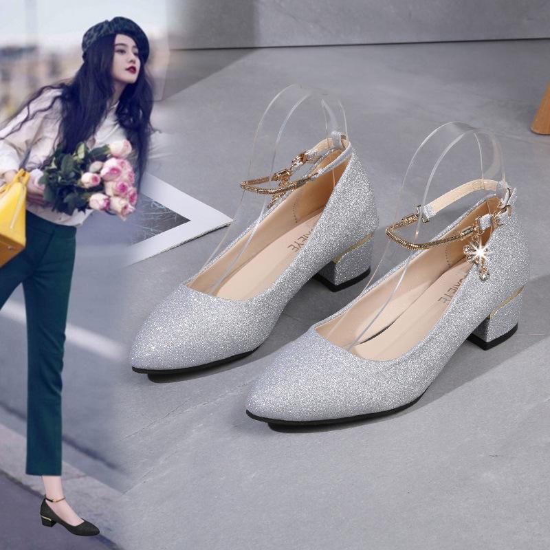 Thick Heel Women's Shoes 2025 New Spring Korean Version Wedding Shoes Pointed Middle Heel Work Shoes Shallow Mouth One-word Buckle Strap Single Shoes