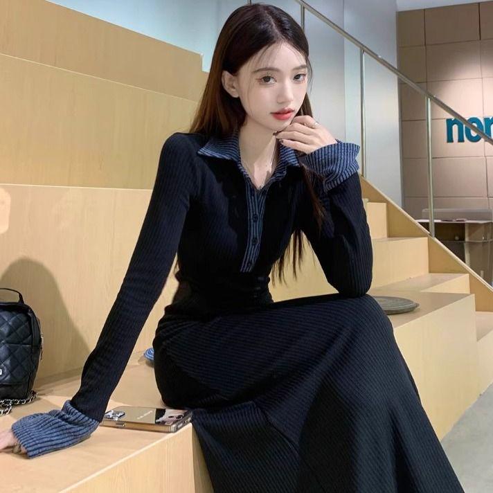 

Black High-End Turn-Down Collar Ruffle Slimming Dress - Women s Spring Collection S (Recommended Under 47.5 kg) чорний