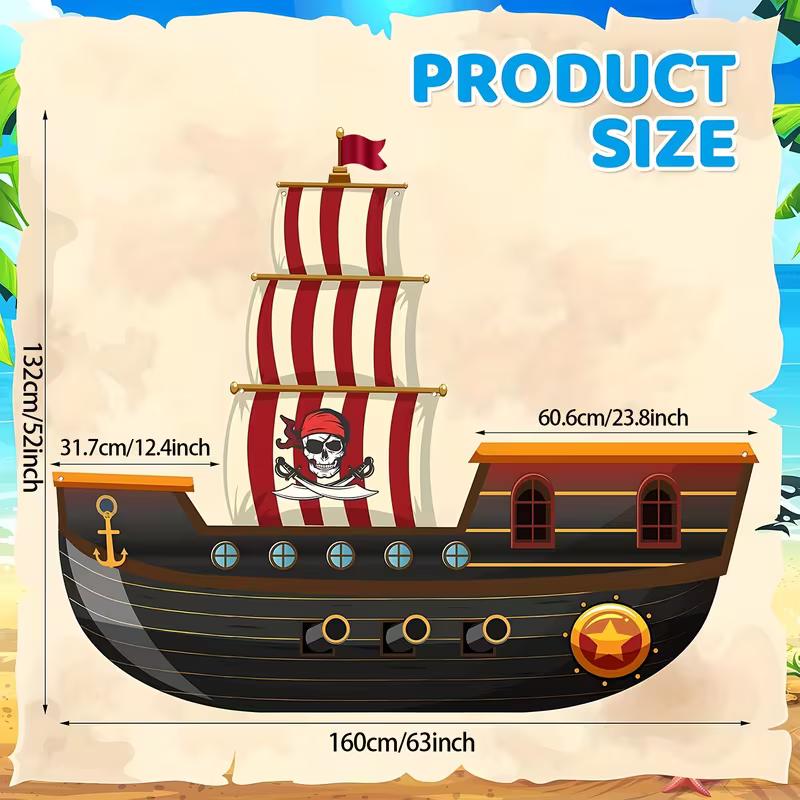 Adventurous Pirate Ship Tapestry, Cartoon Galleon with Striped Sails and Skull Flag Background Cloth, Fun Party Wall Art