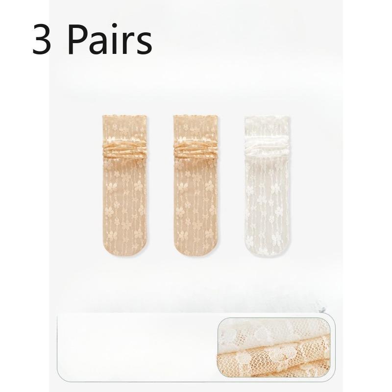3 Pairs of Women's Summer Thin Lace Flowers In The Tube Pile Socks
