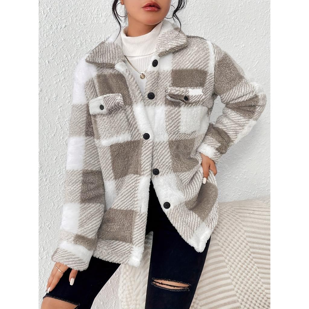 Ladies' Plush Fleece Winter Coat - Grid High Stretch Coat, Middle Eastern Elegant Collection, Machine Washable for Autumn and Winter
