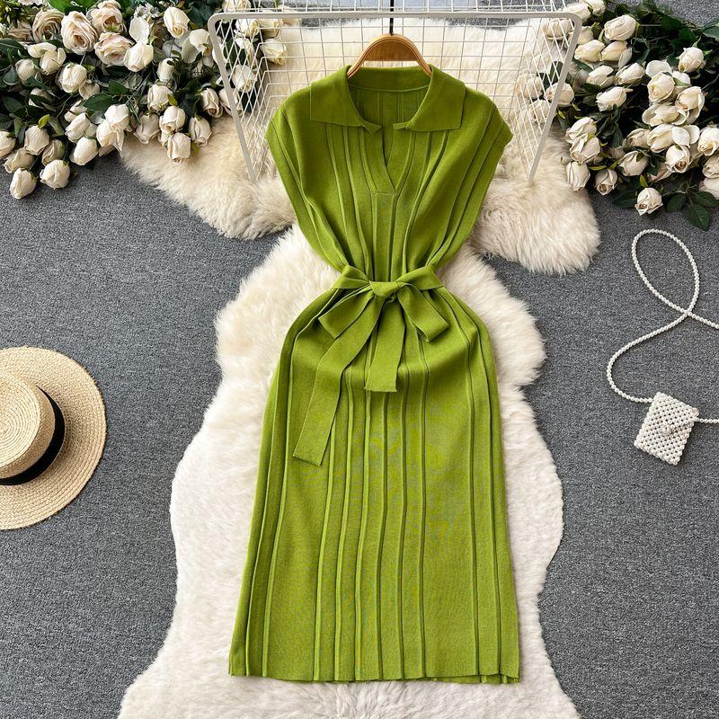 

Summer Dress Women s Lace-up Waist-Controlled Slimming Elegance Retro Polo Collar Knitted Dress Mid Length Long Length Sleeveless Vest Dress Green All yards