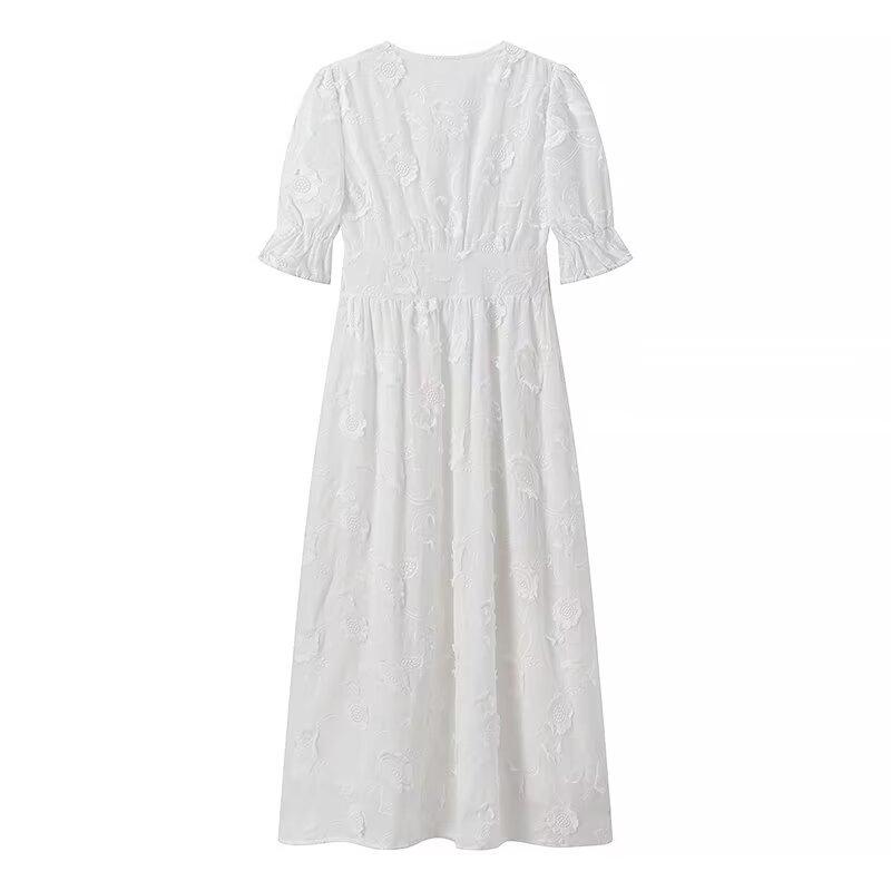 2025 Herbst Damen Weiß Besticktes Kurzarmkleid