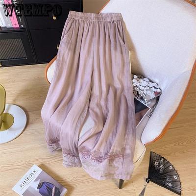 New Chinese Style National Style Cotton and Linen Embroidered Wide Leg Pants Spring and Summer New Casual Pants for Women