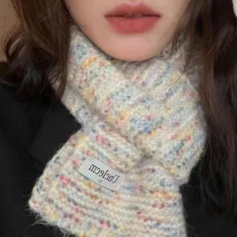 Korean Style Woolen Scarf for Women New Style Rainbow Jelly Beans Autumn and Winter Student Warm Rainbow Knitted Simple Women's Scarf