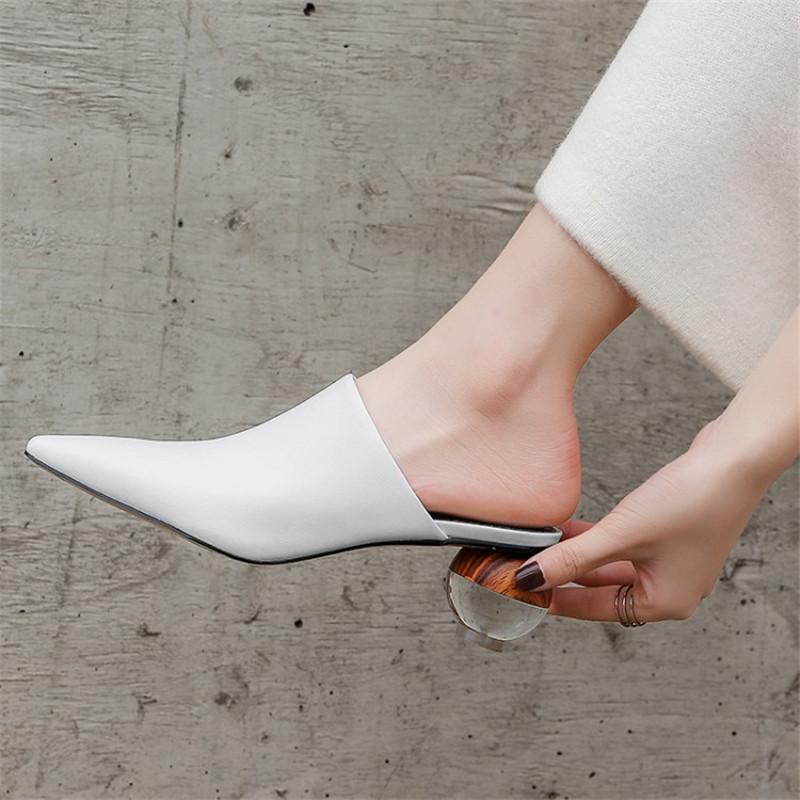 Fashion NEW Summer Women Mules Cowhide Shoes for Women Cover Toe Chunky Heel Slippers Square Toe High Heels Crystal Heel Women Sandals