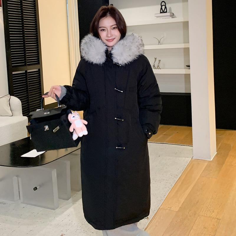 Big fur collar new loose cotton-padded coat for women's long over-knee thickened large-size down cotton-padded coat