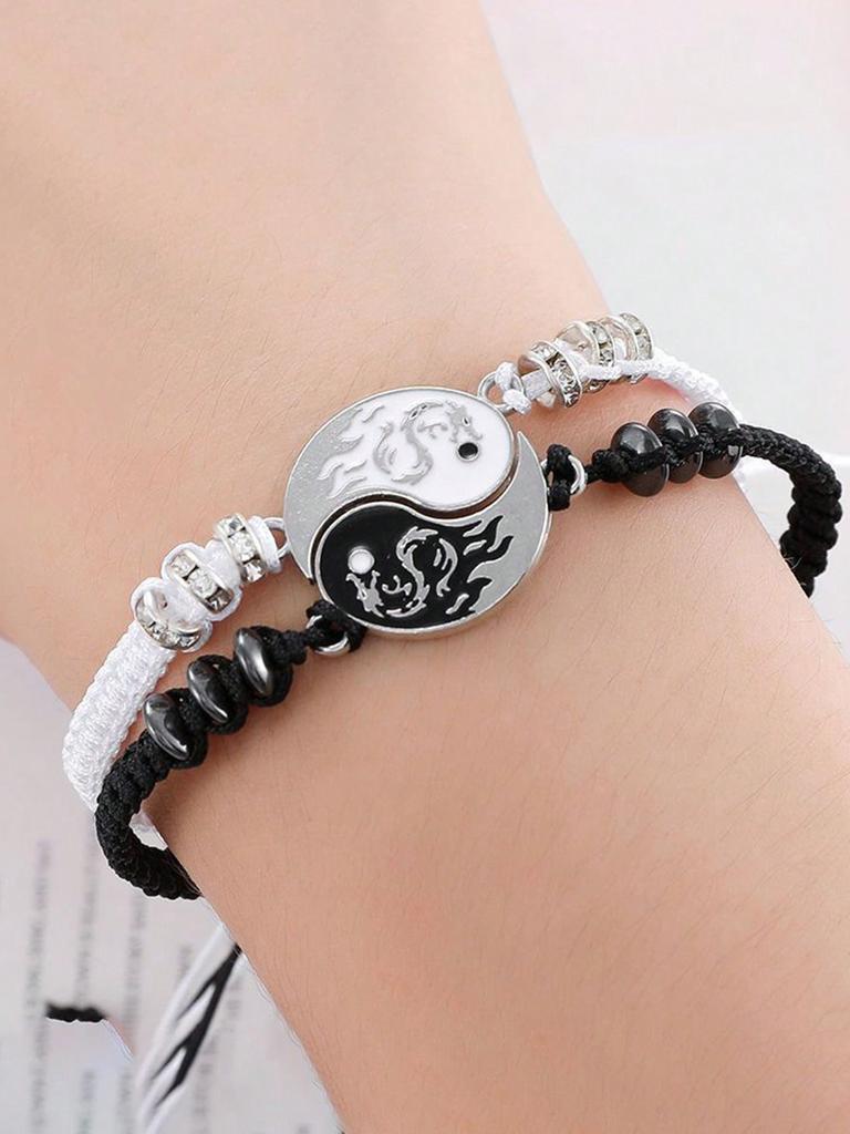 2pcs Fashionable Woven Student Bracelets - Black & White Minimalist Braided Bagua Tai Chi Bracelets, Suitable For Daily Wear