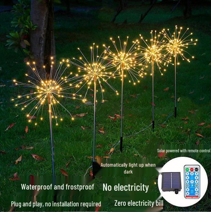 Remote-Control Solar Firework LED String Lights - Waterproof, Decorative Copper Wire Lights for Outdoor Use