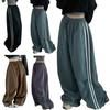 Women Cargo Pants Elastic Waist Drawstring Hem Casual Pants with Pockets Side Stripes Wide Leg Sport Pants Streetwear
