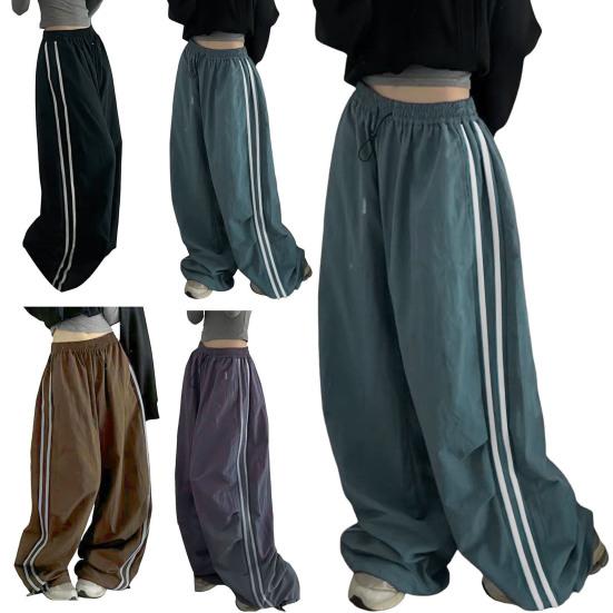 Women Cargo Pants Elastic Waist Drawstring Hem Casual Pants with Pockets Side Stripes Wide Leg Sport Pants Streetwear