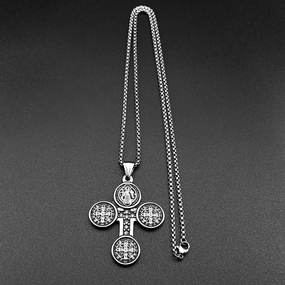Catholic Saint Benedict Medal Crystals Cross Pendant Necklace for Women Men Gold Color Stainless Steel San Benito Chain Jewelry
