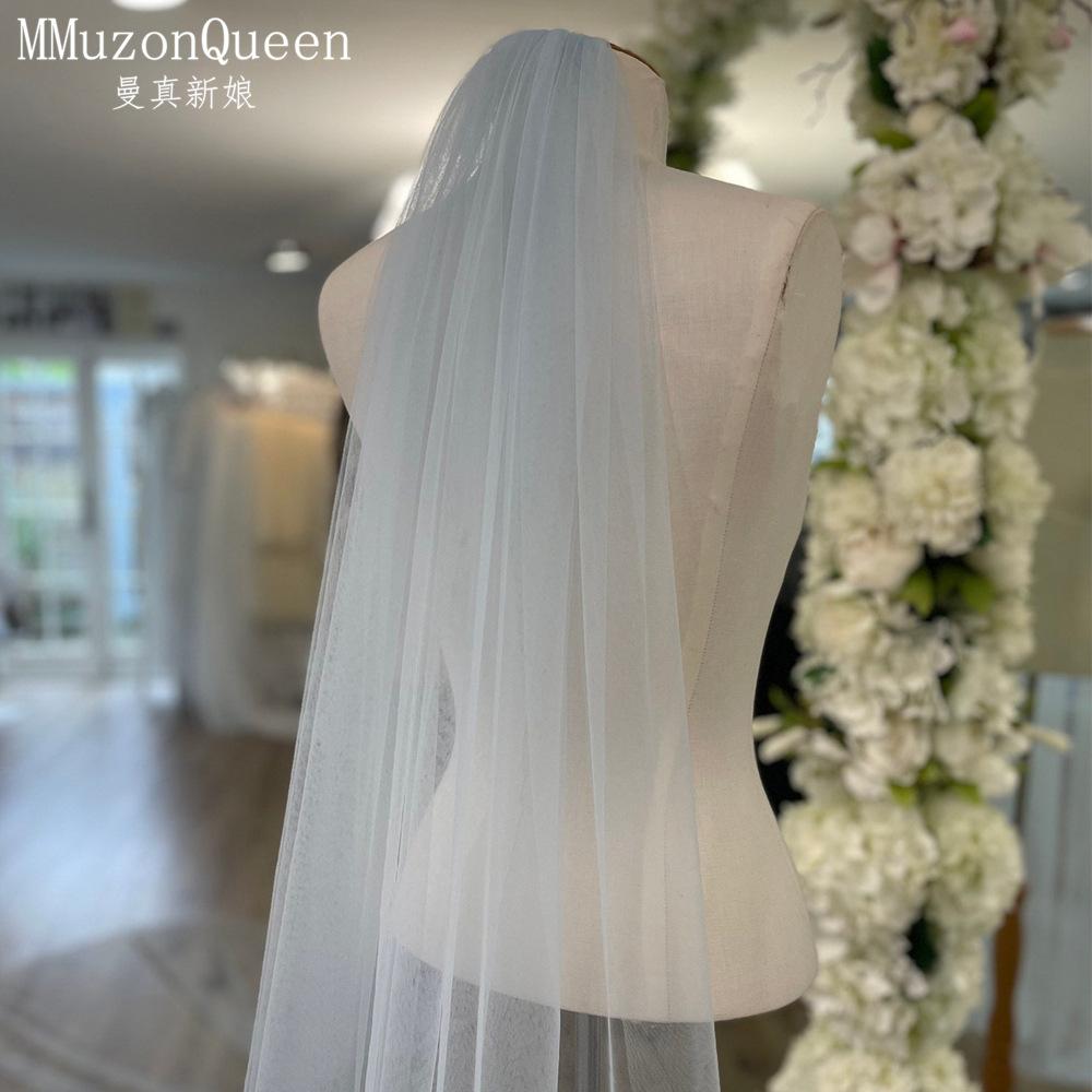 Plain Solid Color Tulle Bridal Veil Single Layer Soft Flowy Simple Wedding Veil White Lavender Light Blue Floor Length Veil For Bride Elopement Shoot