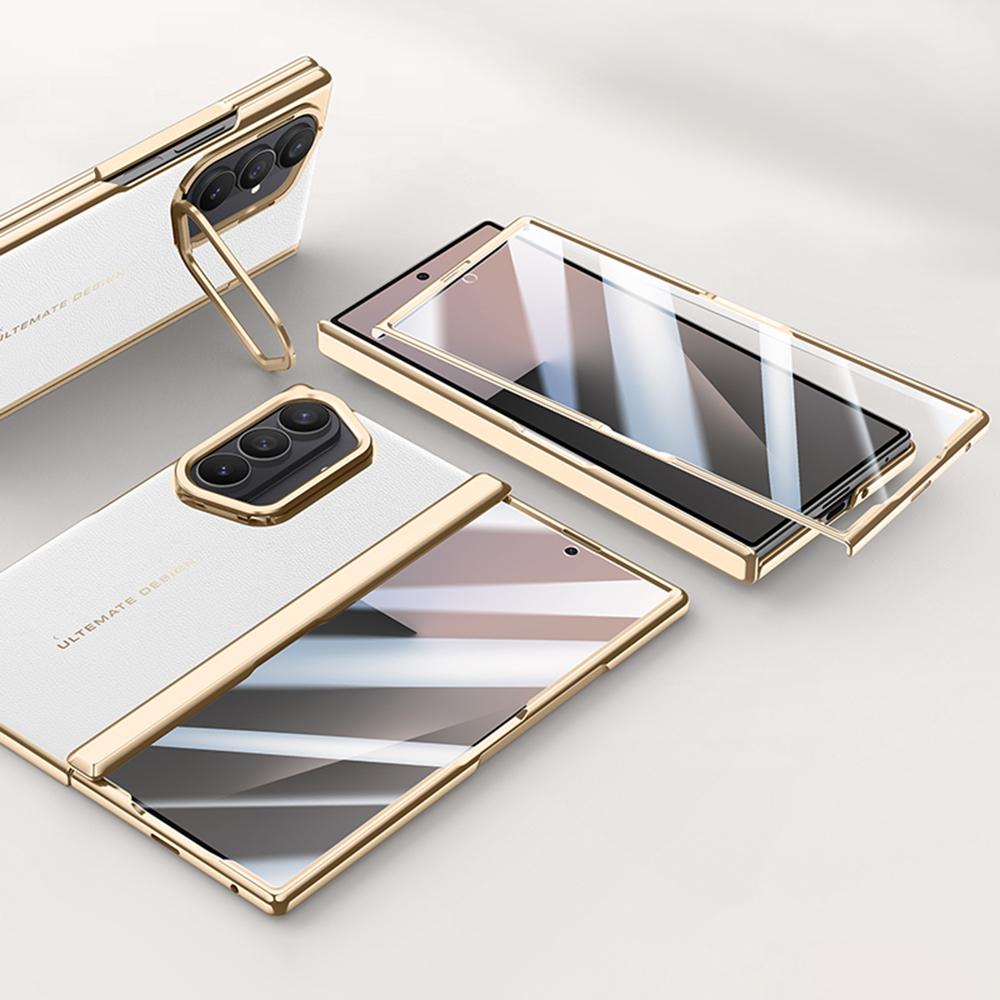 For Samsung Galaxy Z Fold7 5G Case Leather+PC Electroplated Phone Cover with HD Tempered Glass Film,Lens Kickstand