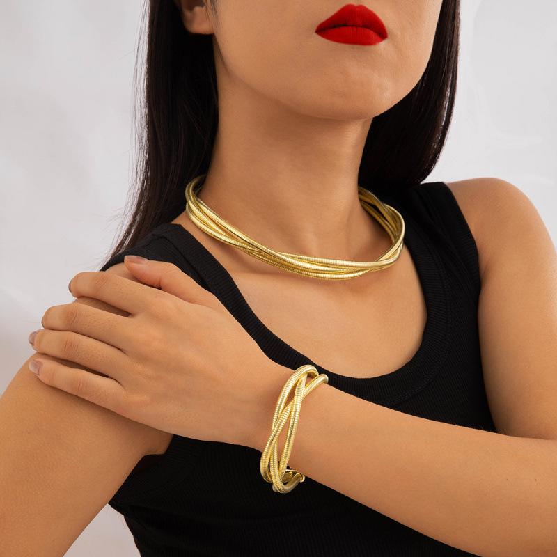 Multi-layer iron elastic snake bone twist collar bracelet punk style exaggerated jewelry suit women