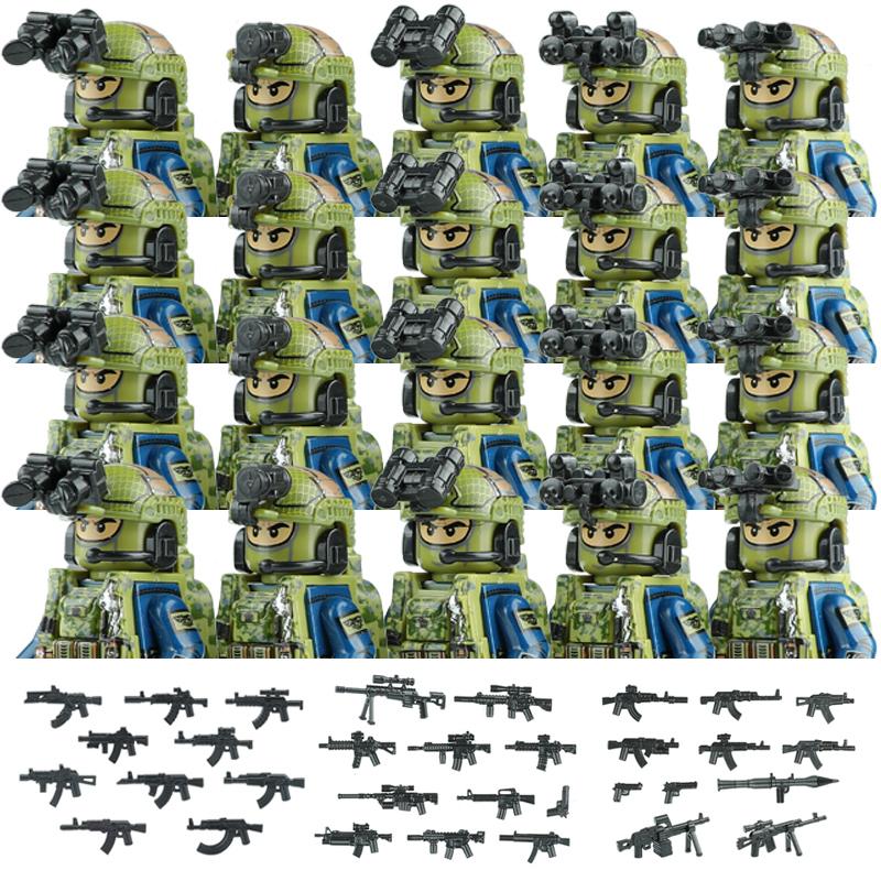 20PCS Military Army Figures Building Blocks SWAT Ghost Commando US Russia Special Forces Soldier Weapons Shield Belt Bricks Toys