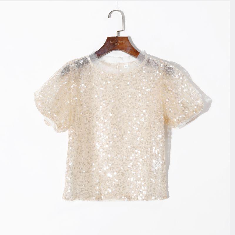

2025 Лето Женская одежда Корейский стиль Индивидуальность Пайетки Декор Сетка Прозрачность Круглый вырез Пуловер Рукав-фонарик Омолаживающая футболка Meat Meal Sequin XS