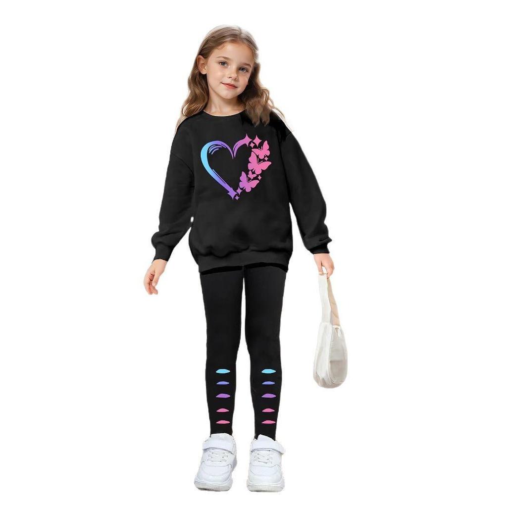 Girls Fashion Suit Summer Children Leisure Love Butterfly Printed Long Sleeve Hoodie Leggings Outdoor Sports Suit