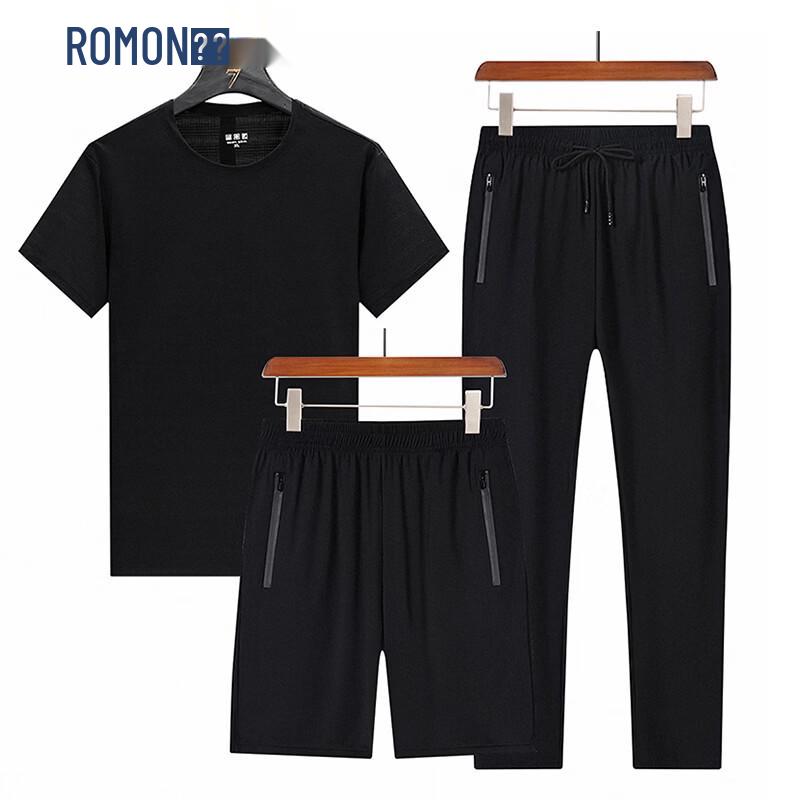 ROMON Men's Ice Silk Short Sleeve Casual Sportswear 3-Piece Set