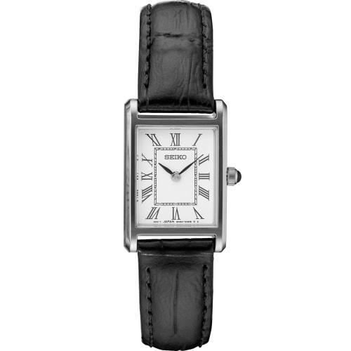 Seiko Essential Watch for Women - Essential - Waterproof Stainless Steel Rectangular Case with Leather Strap, White - SWR053. Essentials