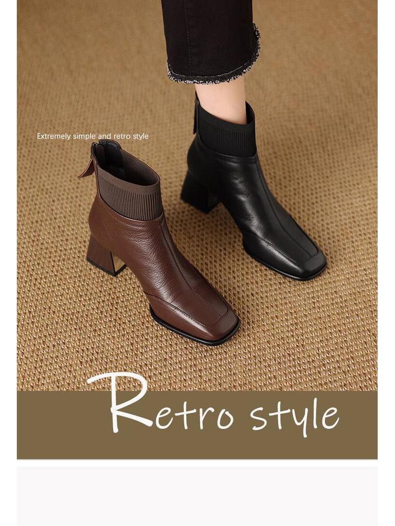 Women's Versatile Fashion Chunky Heel Ankle Boots - Square Toe, Fly-Knit Leather, Plus Velvet, for Autumn/Winter 2025