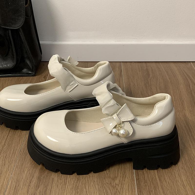 

Black French-style Platform Mary Jane Shoes for Women, Round Toe, Pearl Chunky Heel, Perfect for Pairing with A Skirt 40 бежевий