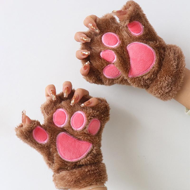 Cute Cat Claw Gloves Women's Autumn and Winter Warm and Cold-proof Plush Half-finger Gloves Thickened and Velvet Student Writing Leaking Fingers