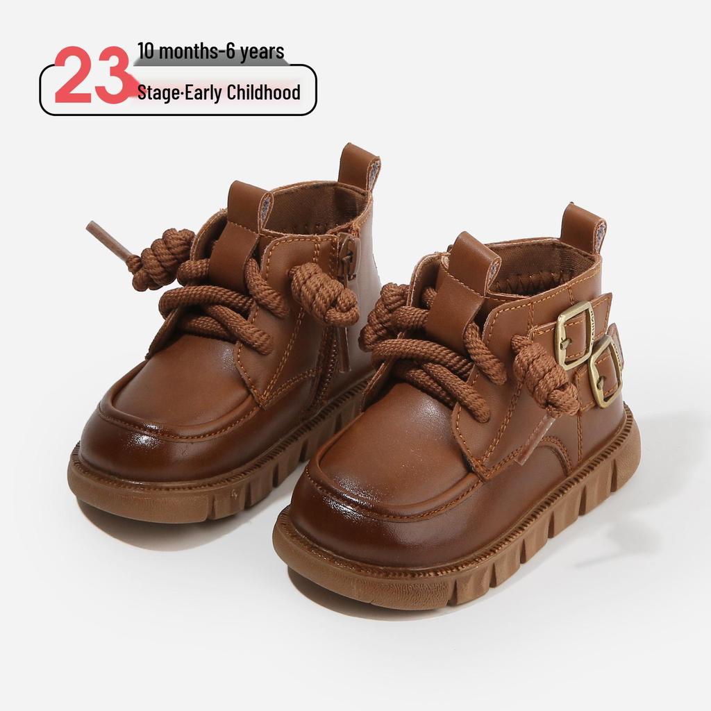 Autumn/Winter Non-slip Soft Sole Baby Walker Boots - British Style for Boys & Girls, Plus Velvet Leather