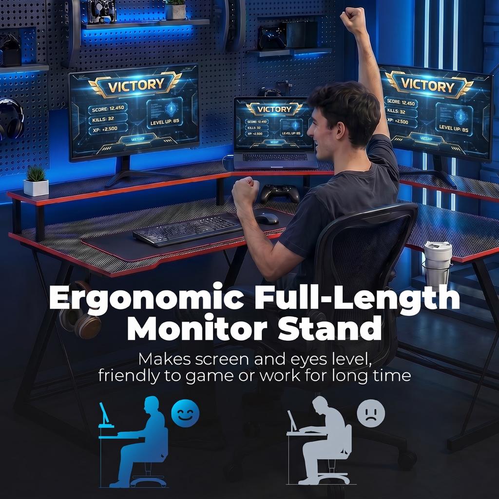 L-Shaped Computer Desk with Power Outlets, 128 cm Corner Desk with Monitor Stand, Headphone Hook & Cup Holder