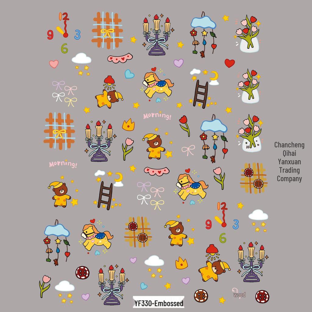 Patchwork Bear & Dora Adhesive Nail Stickers with Cute Heart and Camera Designs