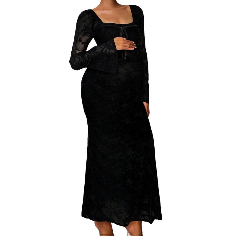 Maternity Dress Fall Winter Flared Sleeve Fitted Elegant Gown
