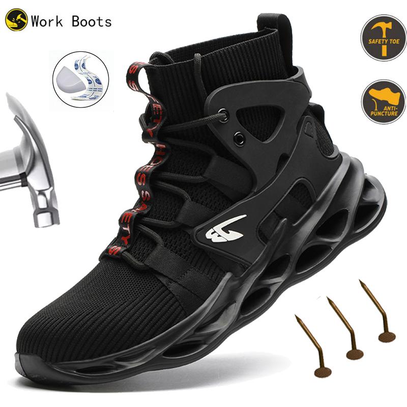 Lightweight Safety Shoes Men Work Shoes Steel Toe Cap Sneakers Breathable Shoes Anti-Punctur Protective Boots Roofing Shoes