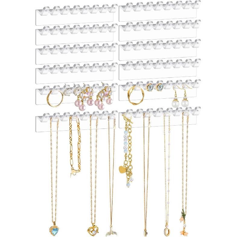 NiHome 6-Pack 48 Hooks Wall-Mounted Clear Plastic Jewelry Organizers for Earrings, Necklaces, Bracelets, Rings, Studs, No-Drill Adhesive tallation