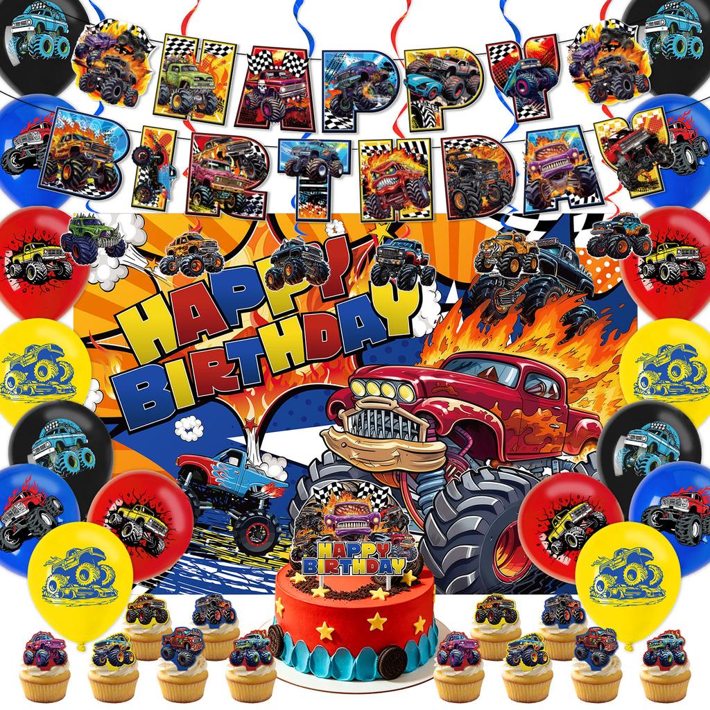 Monster Truck Birthday Party Decorations Happy Birthday Banner Cake Topper Balloon Set Cupcake Toppers Party Supplies for Kids