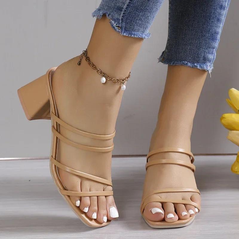Women Sandals Ladies Square Heels Elegant Summer Slippers Outside Cross Tied Leather Female Slides 2025 Fashion Woman Sandals