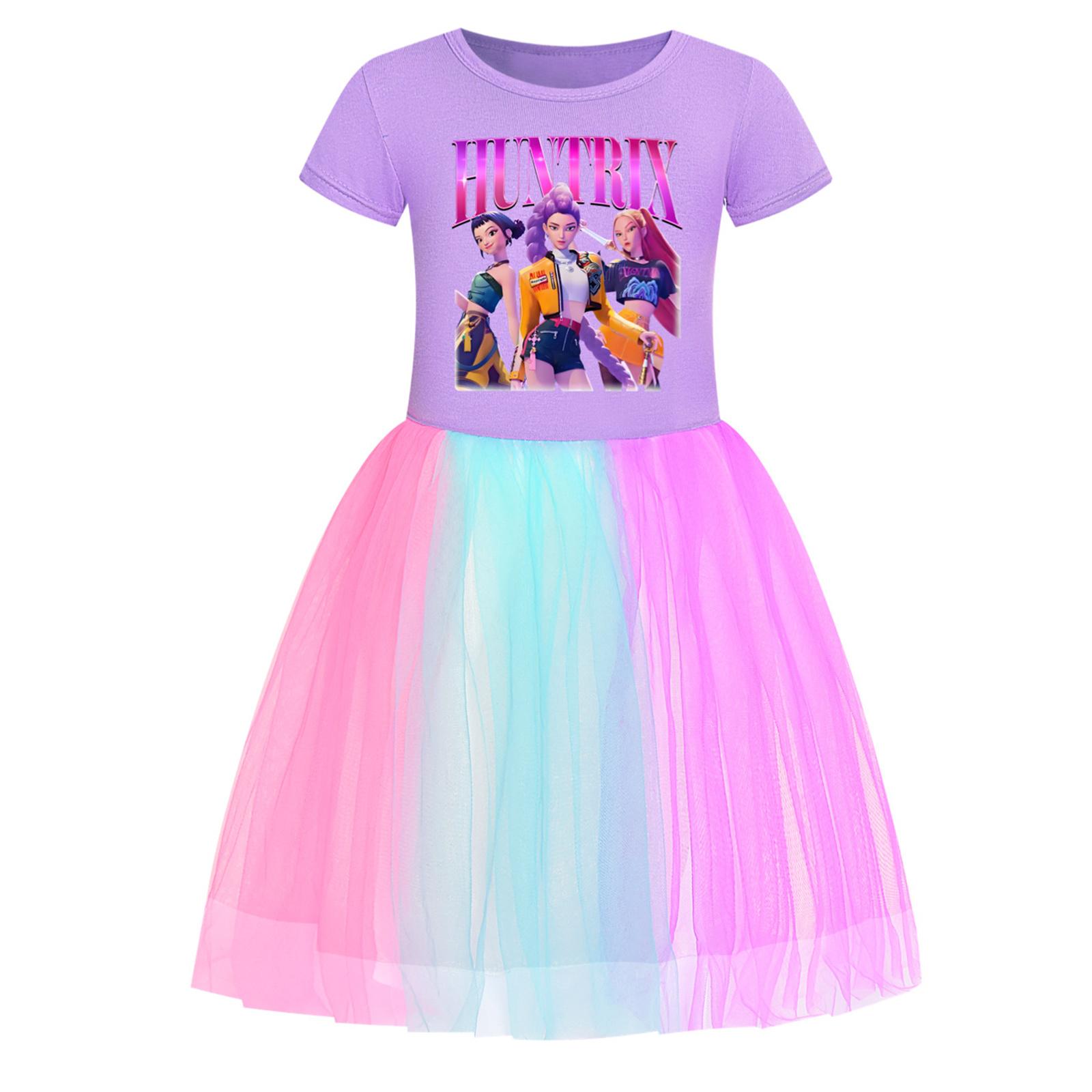 

Girls Star-Print Skirt Round-Neck Short-Sleeve Colorful Lace Patchwork Dress 150 фиолетовый