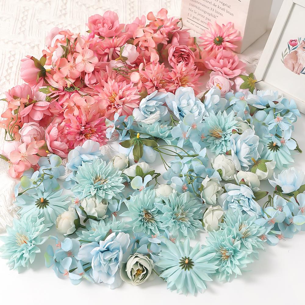 48Pcs Pink Silk Faux Daisy Rose Artificial Flower Heads for DIY Cake Wedding Decortion Party Home Room Garment Decor Fake Flower