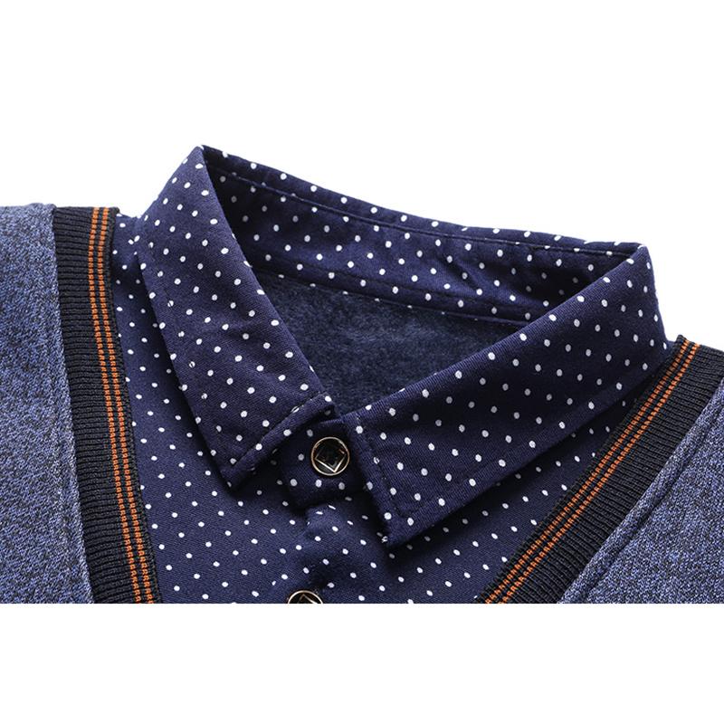 L-4XL Autumn and Winter New Fake Two Piece Sweater Men's Plush Knitted Warm Inner Wear Casual Versatile Pullover Top