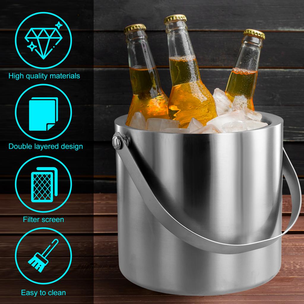 Insulated Ice Bucket with Silicone Lid, Tongs & Strainer, Double Wall Stainless Steel Ice Bucket for Parties and Bar Ice Bucket