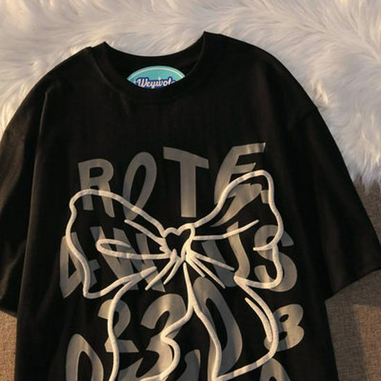 Plus Size Bow Design Letter T-Shirt for Men  & Women - American Style, Sweet  & Spicy, Short Sleeve, Pure Cotton M (80-100 lbs)