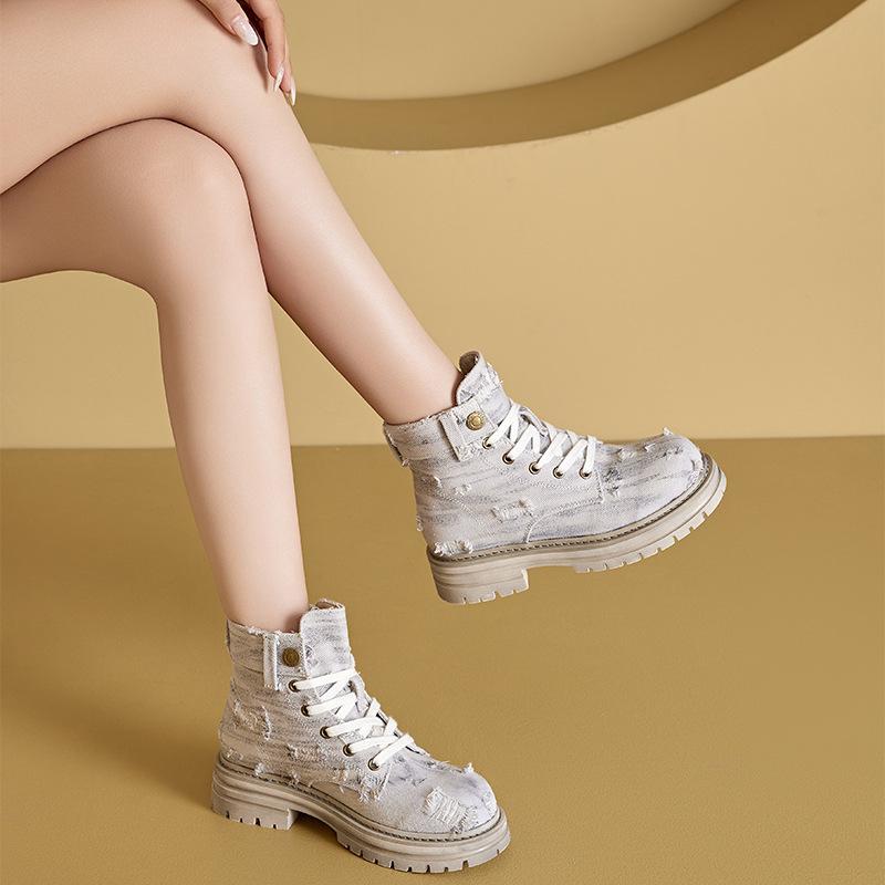 

Autumn washed denim retro Martin boots women s inner height increase casual lace-up women s boots casual student shoes women 39
